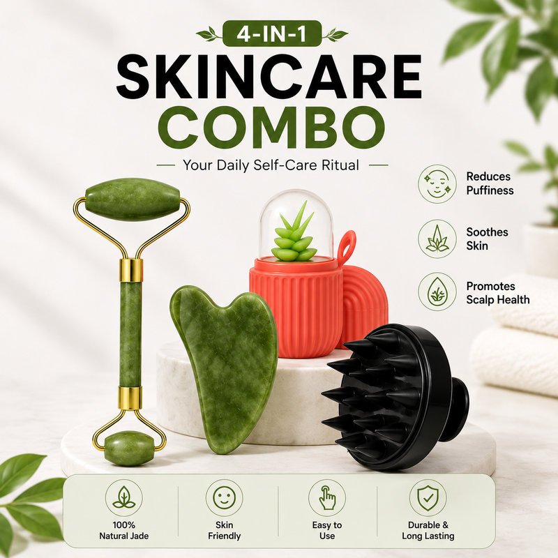 Premium 4-in-1 Skincare & Scalp Care Massage Combo | Jade Roller, Gua Sha, Ice Roller & Scalp Massager